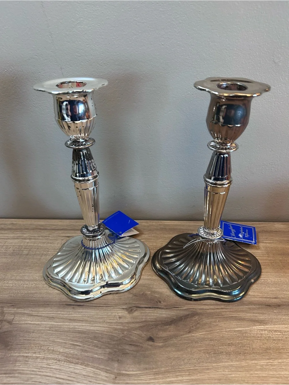 Vintage Silver Pair of Ribbed Metal Candlesticks